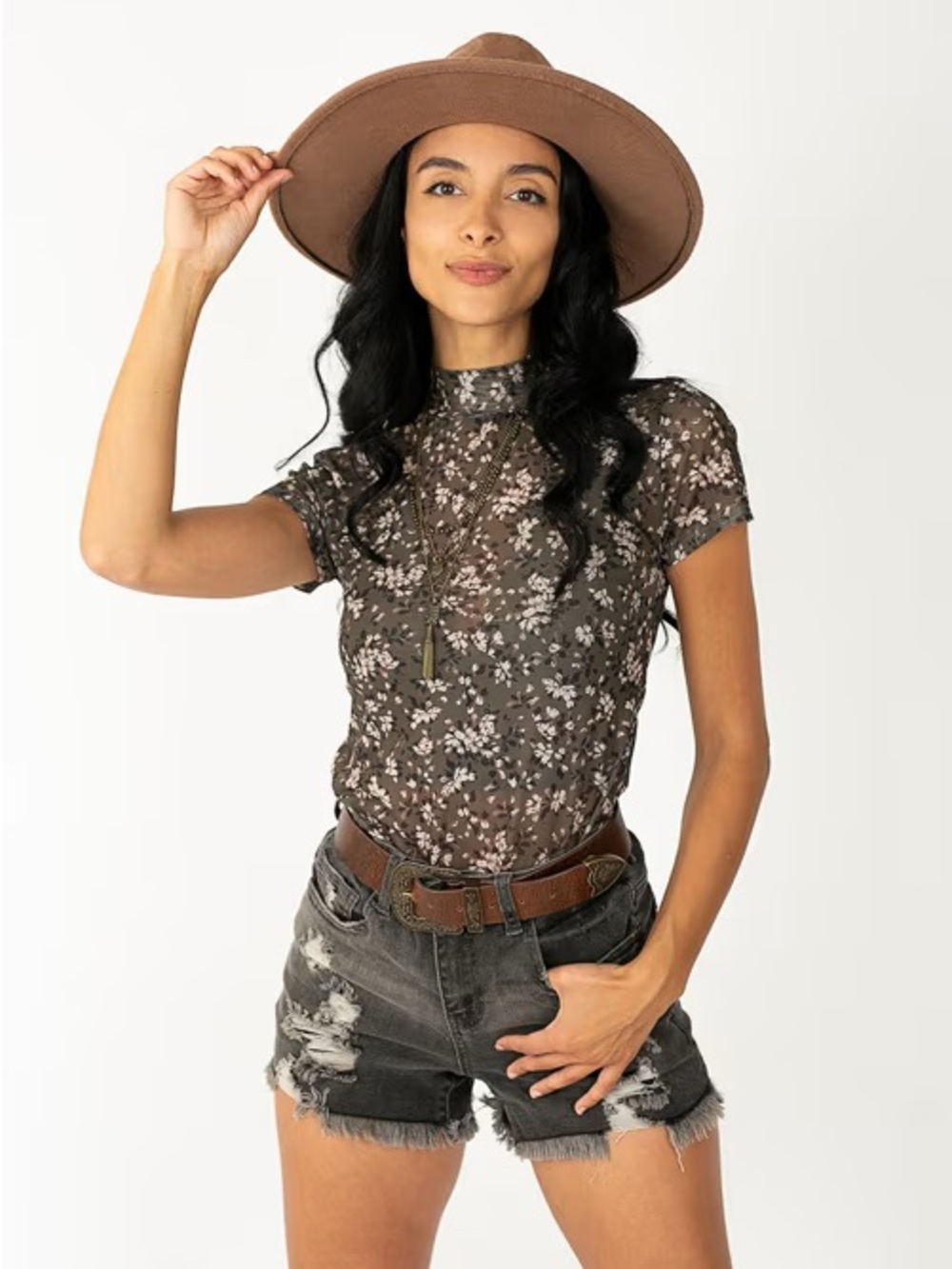 Joyfolie Women’s Evi Mesh Top in Olive Floral size L Large NWT